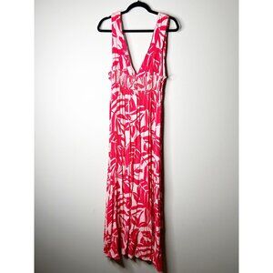 Mahina Hawaii Red Pink Printed V-Neck Sleeveless Maxi Dress Women's Size Medium